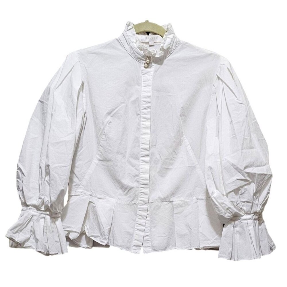 Beulah White Cotton Ruffled Blouse With Puff Sleeves & Pearl Button Accents Size